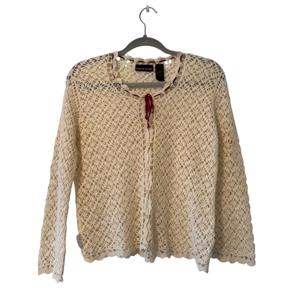 Vintage DKNY Jeans Ivory Crochet Lace Button Up Cardigan With Red Ribbon Tie